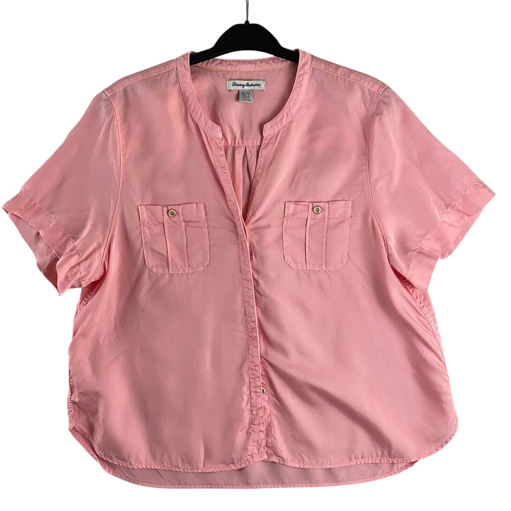 Tommy Bahama XL Top Pink Mission Beach High Low Button Up Short Sleev